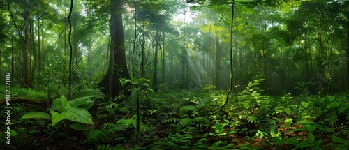 Serene Panoramic Rainforest Landscape with Diverse Flora and Towering Trees