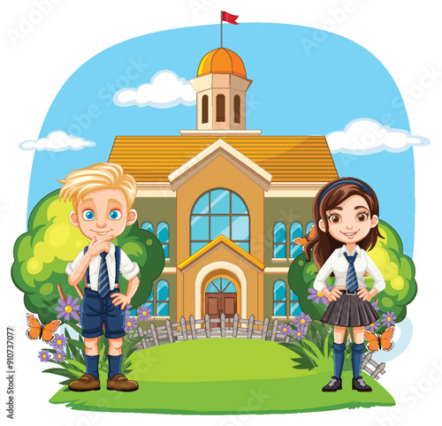 Children in School Uniforms Outside Building
