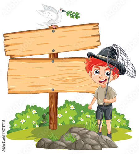 Boy with Net and Signboard