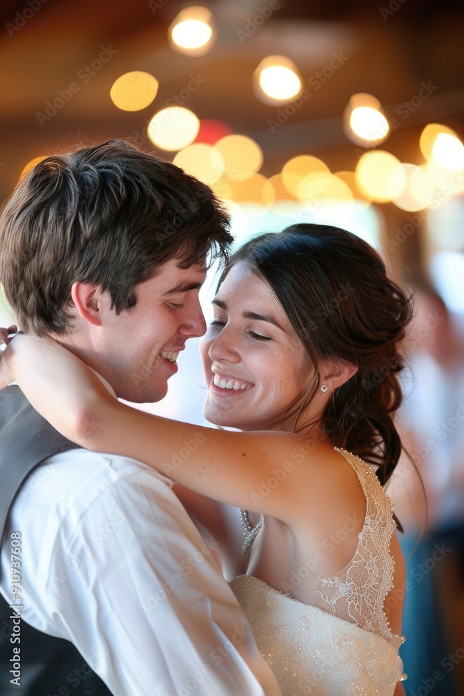Bride and Groom Embrace at Wedding Reception Bride and Groom Embrace at Wedding Reception
