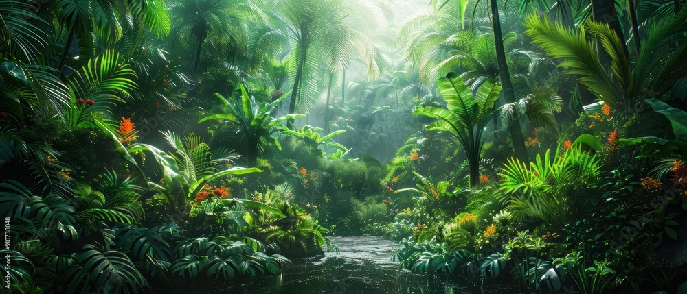 Lush Tropical Jungle Paradise with Exotic Flora and Fauna in Vivid Detail Lush Tropical Jungle Paradise with Exotic Flora and Fauna in Vivid Detail