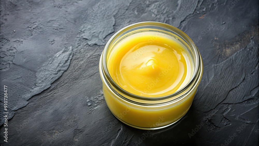 Ghee butter in a clear glass jar from a top view, ghee, butter, dairy, glass jar, top view, organic, food Ghee butter in a clear glass jar from a top view, ghee, butter, dairy, glass jar, top view, organic, food