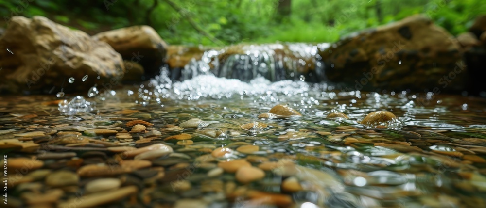 Fototapeta premium Serene Nature Background of Crystal-Clear Stream Flowing Over Smooth Pebbles in Lush Greenery Setting