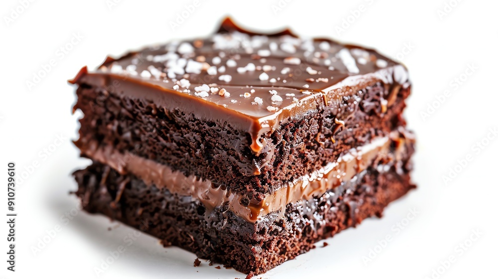 Chocolate cake with a layer of caramel and sea salt, isolated on white, indulgent and visually appealing Chocolate cake with a layer of caramel and sea salt, isolated on white, indulgent and visually appealing
