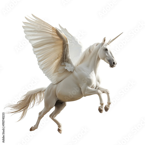 A white pegasus flying with a full body isolated on a transparent background
