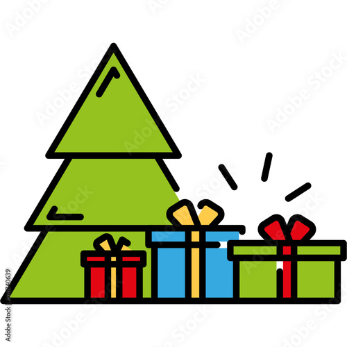 Christmas Tree with Gift Box Flat Icon. Merry Christmas and Happy New Year
