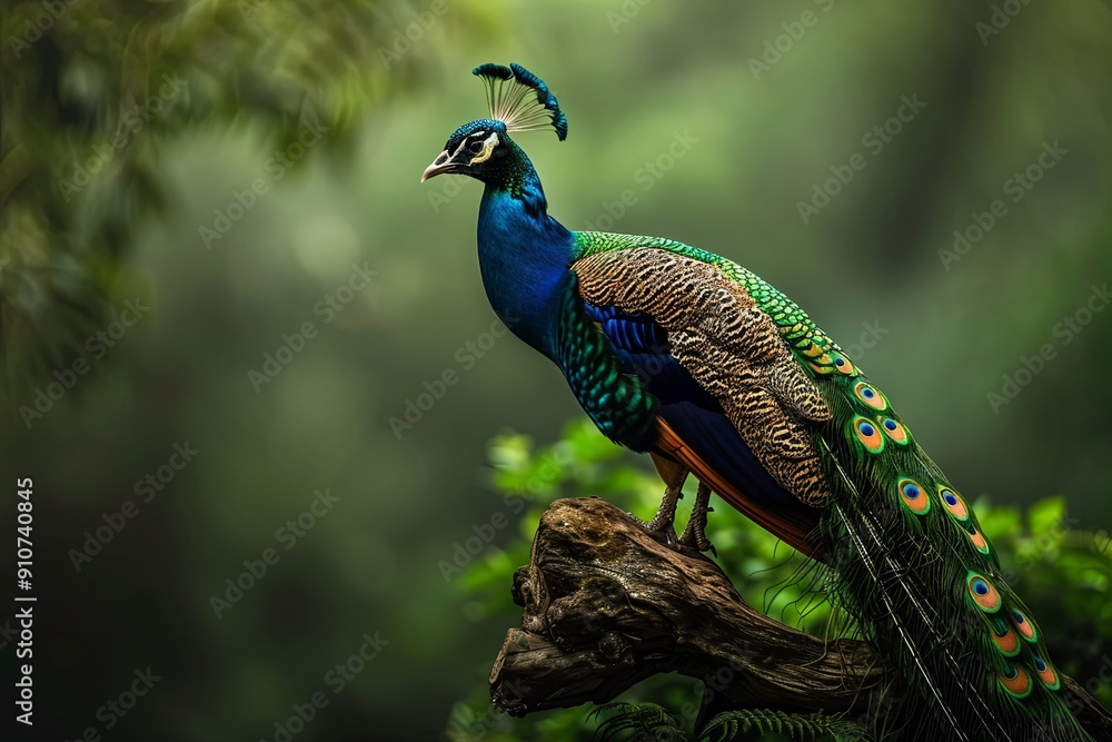 Obraz premium A vibrant peacock perches on a weathered branch in a lush green forest.