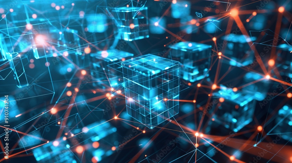Abstract Network of Glowing Cubes and Lines in Blue and Orange Abstract Network of Glowing Cubes and Lines in Blue and Orange