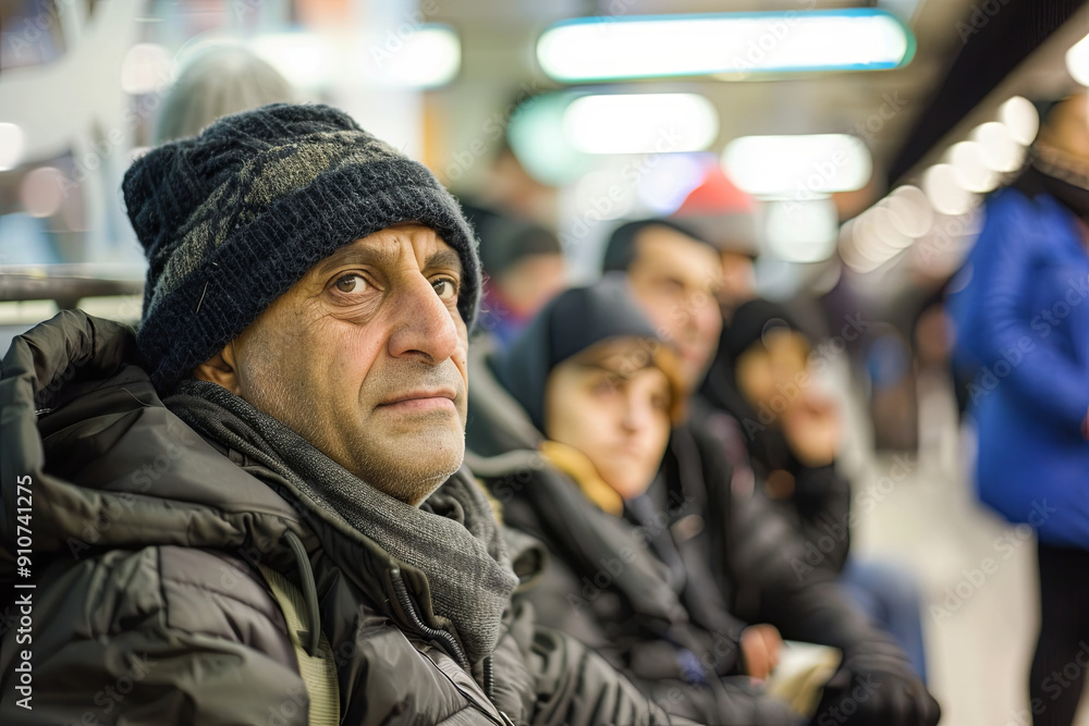Fototapeta premium Immigrants sitting and waiting at a train station