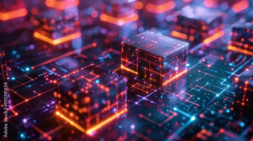 Abstract Digital Network with Glowing Cubes and Lines Abstract Digital Network with Glowing Cubes and Lines