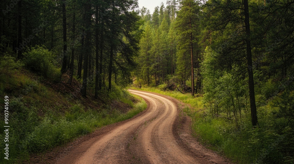Winding Dirt Road Through a Lush Green Forest Winding Dirt Road Through a Lush Green Forest