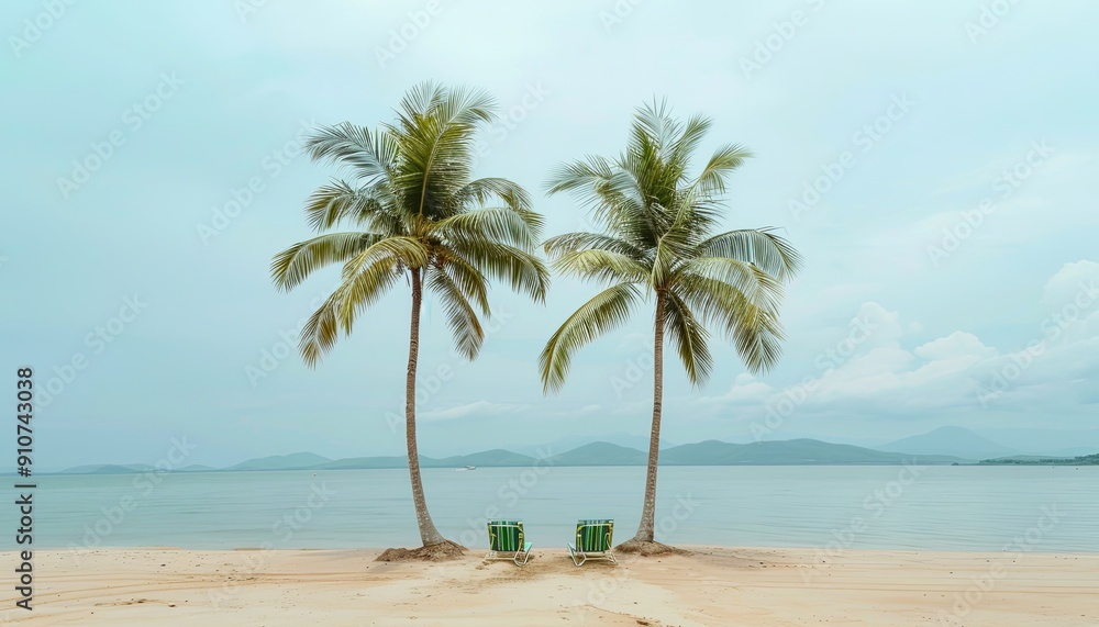Fototapeta premium Two Palm Trees Frame Beach Chairs on a Sandy Shore.