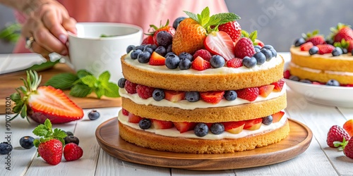 Layered fruit cake with fresh berries being assembled in a step-by-step culinary technique