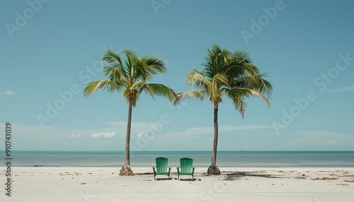 Two green chairs sit on a white sandy beach with palm trees and a clear blue sky and calm ocean.