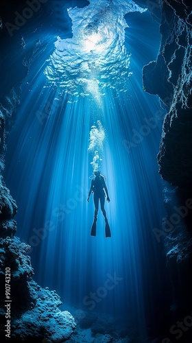 A scuba diver silhouetted against a beam of light in a cave.