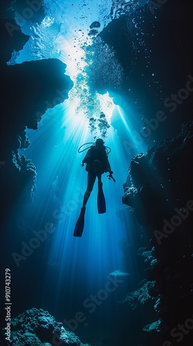 Silhouette of a scuba diver ascending from a cave, bathed in sunlight.