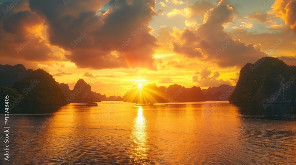Sunset over a Bay with Silhouetted Mountains and a Boat Sunset over a Bay with Silhouetted Mountains and a Boat