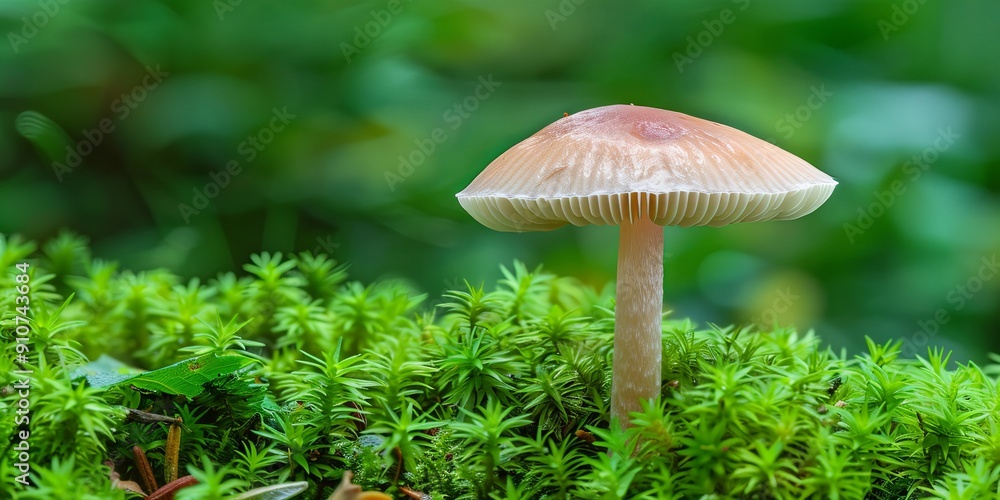 Fototapeta premium Single mushroom growing in green moss.