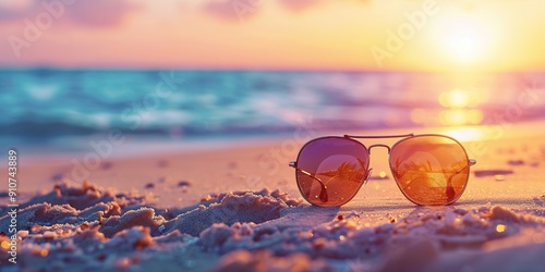 Wallpaper Mural Sunglasses resting on a golden sandy beach Torontodigital.ca