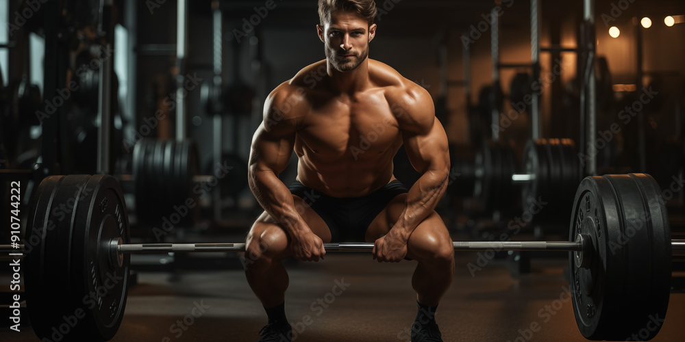 Muscular man doing squats with barbell in a gym Muscular man doing squats with barbell in a gym