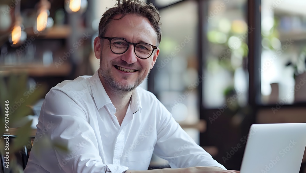Smiling Man in White Shirt and Glasses at Cafe with Laptop Smiling Man in White Shirt and Glasses at Cafe with Laptop