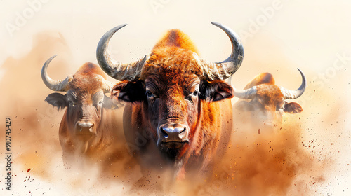 watercolor illustration of a buffalo herd in the wild, photo