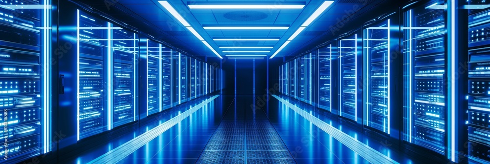 A high-tech data center corridor illuminated by blue LED lights, housing advanced servers and networking equipment for cloud computing. A high-tech data center corridor illuminated by blue LED lights, housing advanced servers and networking equipment for cloud computing.