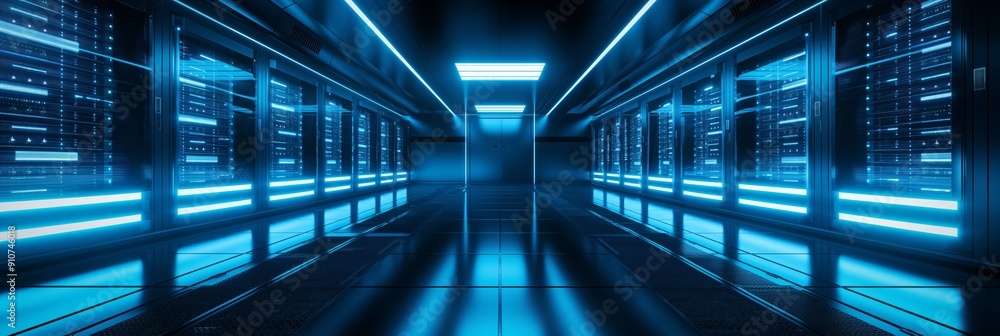 A high-tech server room featuring rows of servers and networking equipment, illuminated by blue lights, facilitating data and computing processes. A high-tech server room featuring rows of servers and networking equipment, illuminated by blue lights, facilitating data and computing processes.