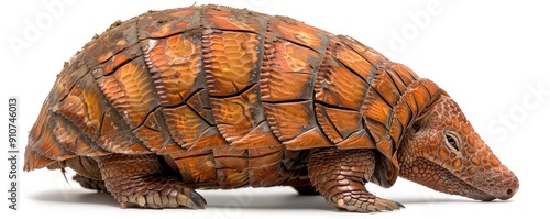 Doedicurus shell in a closeup shot, isolated on a white background The whimsical manipulation effect captures the armored armadillos essence and the Pleistocene plains photo