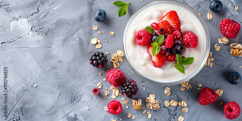 Frischer Yoghurt mit Früchten auf Tisch dekoriert.  photo