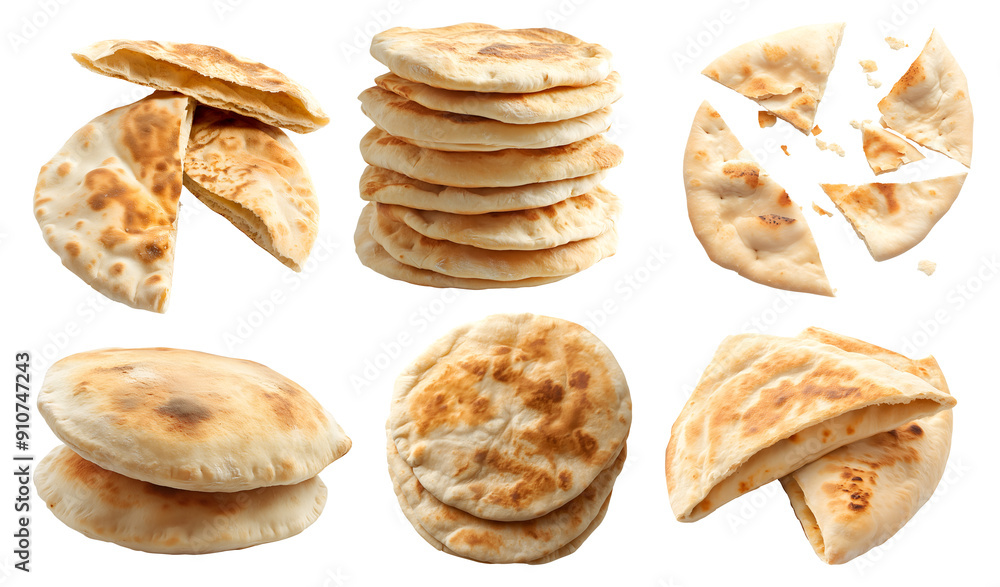 Pita Pitta Arabic Lebanese bread flatbread bun on transparent cutout, PNG file. Many assorted different angles, stack, pile, torn, pieces. Mockup template for artwork design Pita Pitta Arabic Lebanese bread flatbread bun on transparent cutout, PNG file. Many assorted different angles, stack, pile, torn, pieces. Mockup template for artwork design