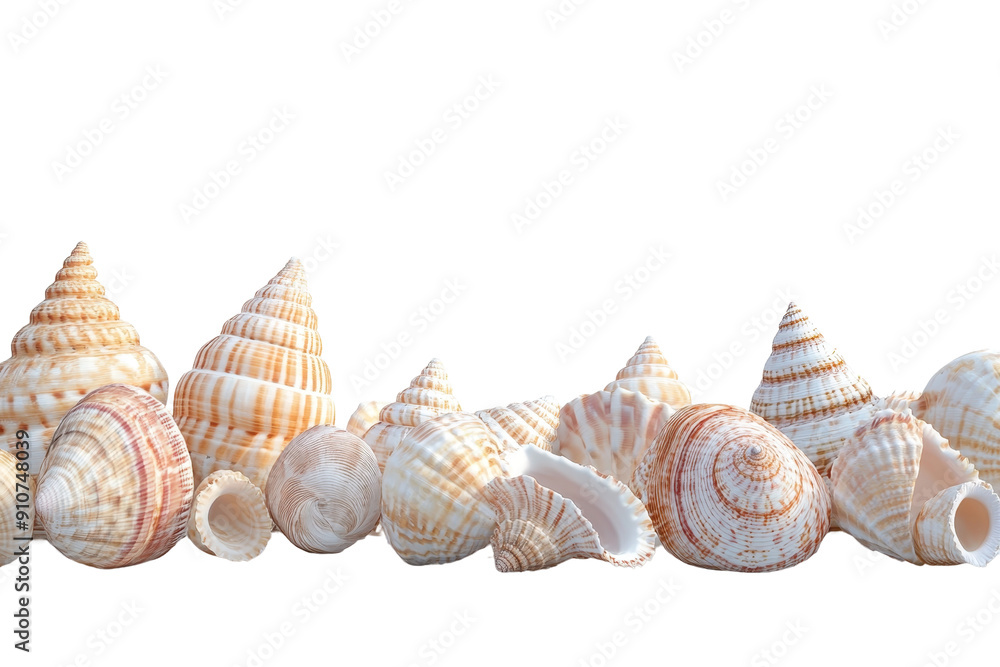Obraz premium Collection of various seashells with intricate patterns isolated on a transparent background. Natural beauty perfect for coastal and marine themes.