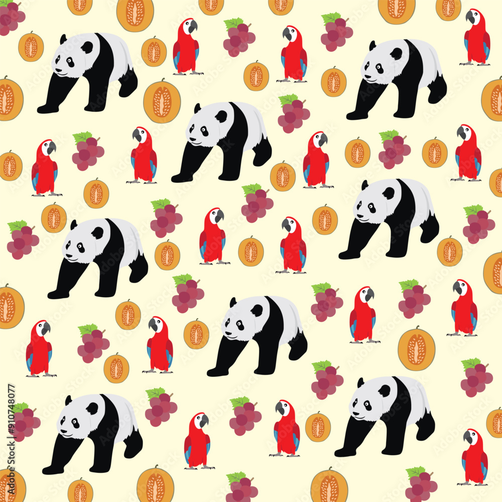 Obraz premium cute panda, parrot with grape and cantaloupe as a pattern background
