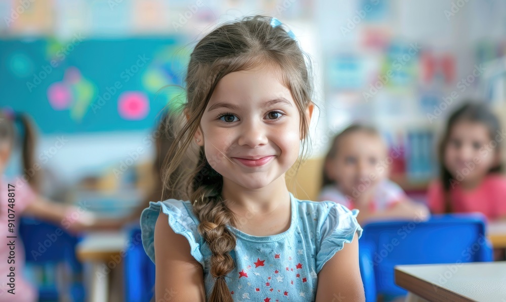 Smiling child in classroom, school setting, happy atmosphere. Smiling child in classroom, school setting, happy atmosphere.