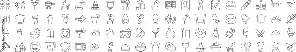 Collection of Line Icons of cooking, food, drinks, kitchen. Suitable for books, stores, shops. Editable stroke in minimalistic outline style. Symbol for design Collection of Line Icons of cooking, food, drinks, kitchen. Suitable for books, stores, shops. Editable stroke in minimalistic outline style. Symbol for design