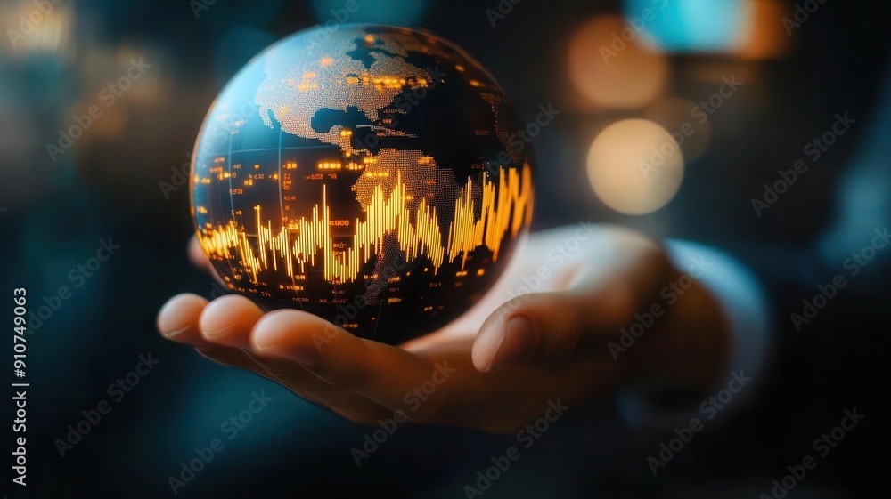 Conceptual image of a hand holding a globe with fluctuating stock market graphs, global investment Conceptual image of a hand holding a globe with fluctuating stock market graphs, global investment