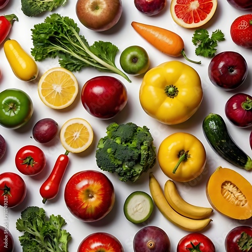 Different fresh fruits and vegetables flat lay on table top, fruits and vegetables collection food background