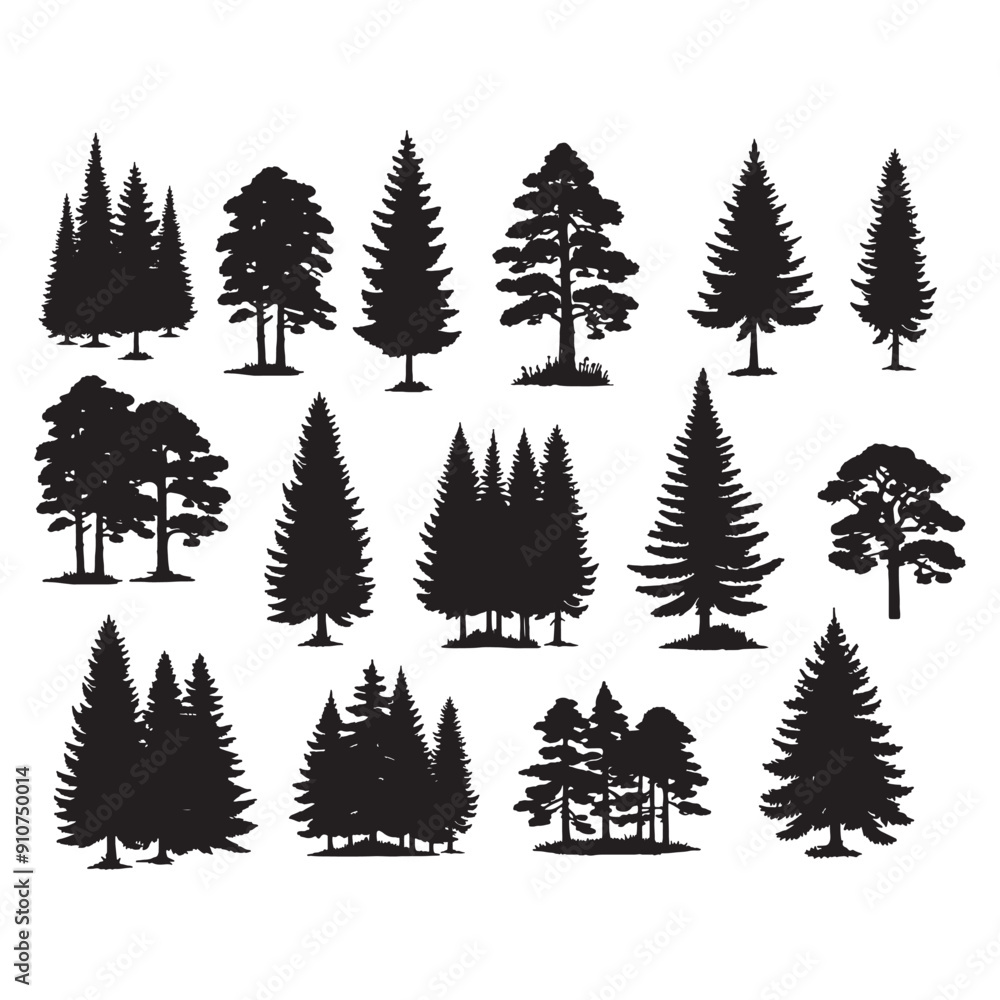 Fototapeta premium set of silhouettes of pine trees on white background