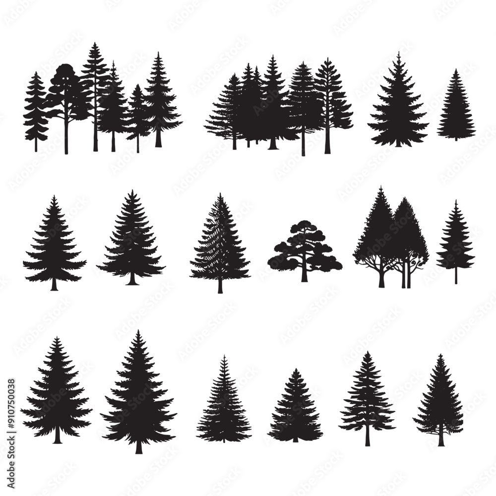 Obraz premium set of silhouettes of pine trees on white background