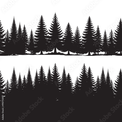 set of silhouettes of pine trees on white background