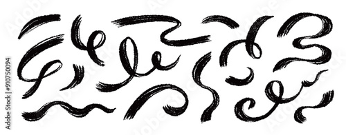 Brush line stroke squiggly paint set. Hand drawn doodle swirl wave brush curly charcoal stroke. Line squiggly paint curly hand drawn ink calligraphy elements. Vector illustration.