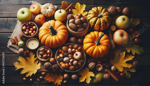 autumn fruits on a wooden table, happy transgiving day photo