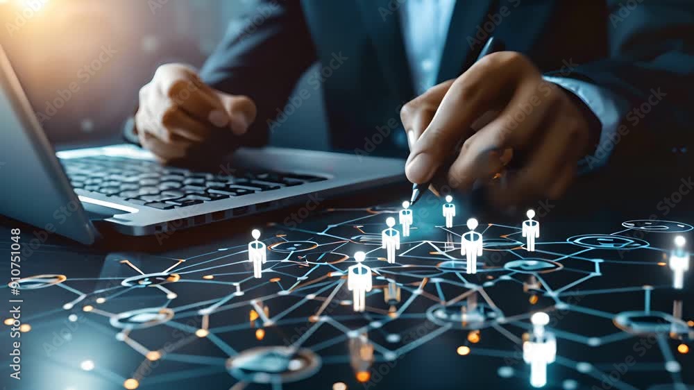 A businessman uses a stylus to interact with a digital network of connected people, representing business strategy and connection. A businessman uses a stylus to interact with a digital network of connected people, representing business strategy and connection.