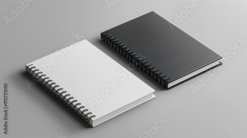 A high-quality mockup of two spiral-bound notebooks, one black and one white, placed side by side on a light gray background