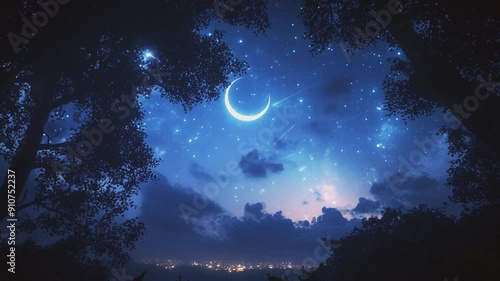 Starry night with crescent light, city light and beautiful silhouette of trees, seamless looping 4K video background animation