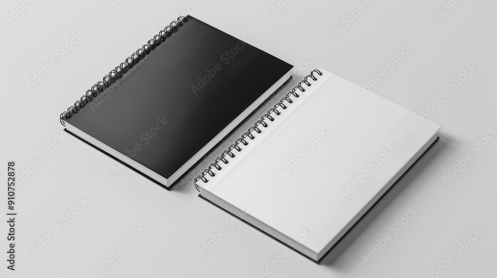 A high-quality mockup of two spiral-bound notebooks, one black and one white, placed side by side on a light gray background A high-quality mockup of two spiral-bound notebooks, one black and one white, placed side by side on a light gray background