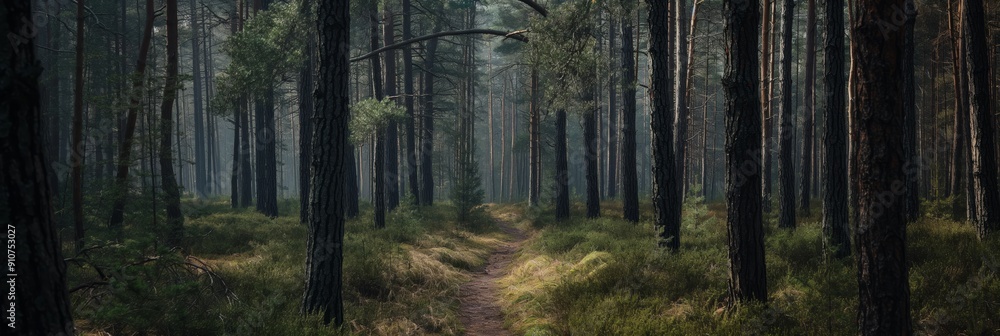 Naklejka premium A winding pathway curves through a misty pine forest, framed by tall trees and a lush green floor, inviting exploration and tranquility.