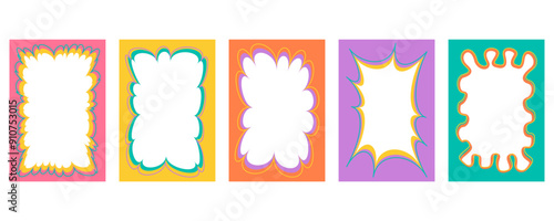 Wavy scallop border shapes. Rectangle fun psychedelic hand drawn frame. Doodle cute design for text photo and picture. Groovy child template. Y2K decorative blank. Vector