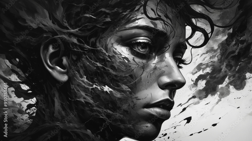 Fototapeta premium Surreal Black and White Side Profile Portrait of a Woman with Abstract Elements and Intense Gaze