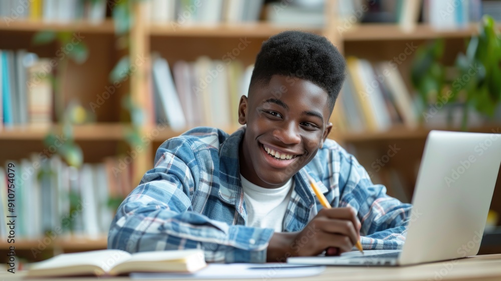 black boy using a laptop computer at home. A teenage boy attending to online school class on a laptop computer remote education. smiling teenager doing homework and studying. using modern technology. black boy using a laptop computer at home. A teenage boy attending to online school class on a laptop computer remote education. smiling teenager doing homework and studying. using modern technology.